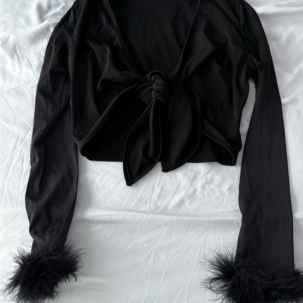 Elegant Black Tie-Front Top with Feather Cuffs